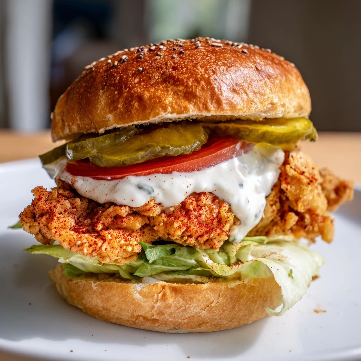 Homemade Cajun crispy chicken breast sandwich with garlic aioli fresh vegetables and toasted bun