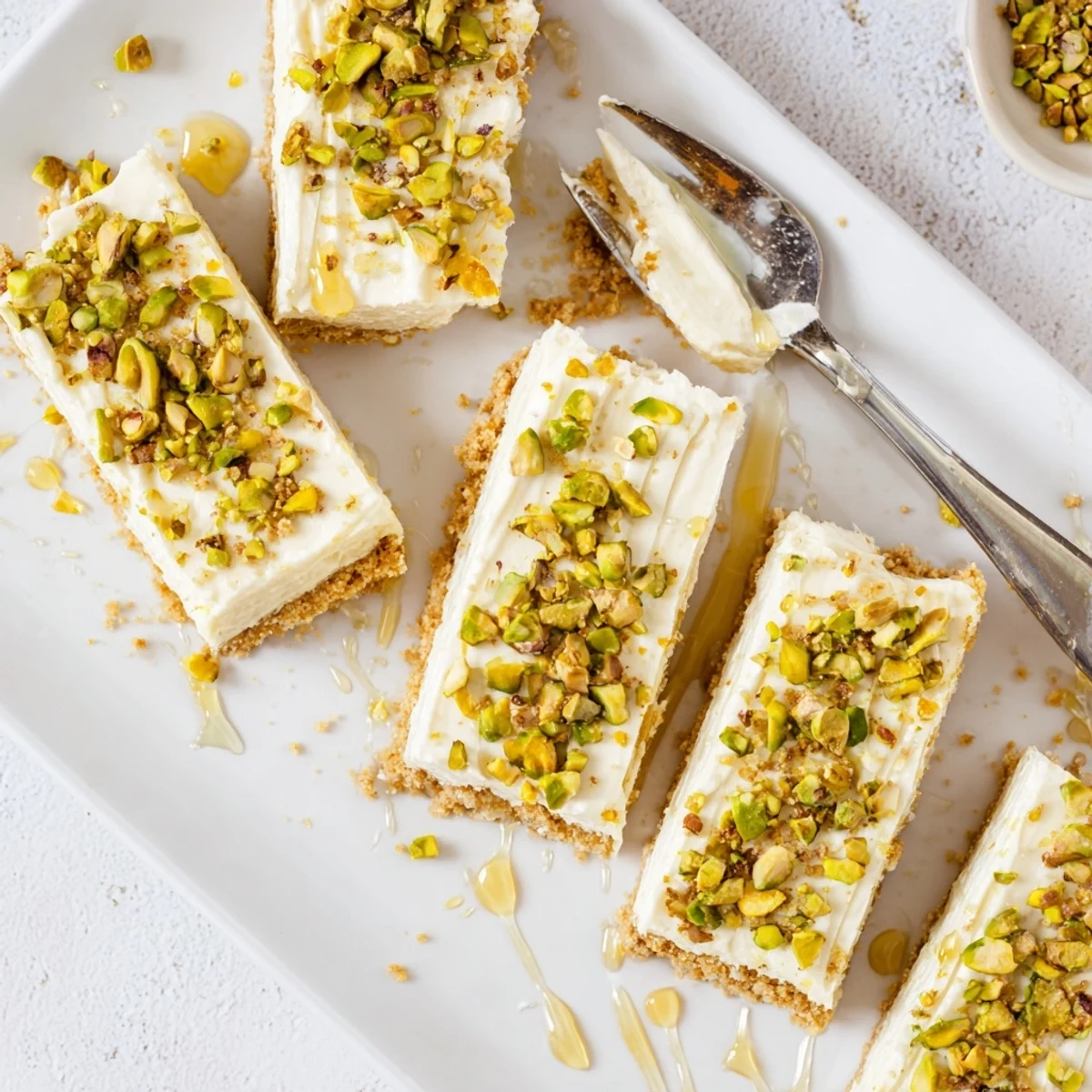 Golden Greek honey pistachio cheesecake bars with creamy filling and crunchy nut topping on a graham cracker crust