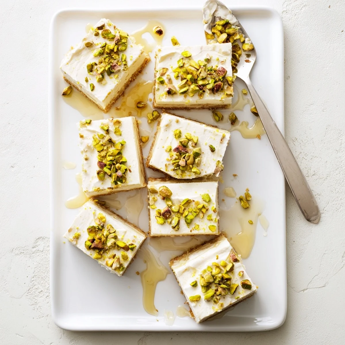 Slice of honey-drizzled Greek pistachio cheesecake bar showcasing smooth cream cheese layer and green pistachio garnish