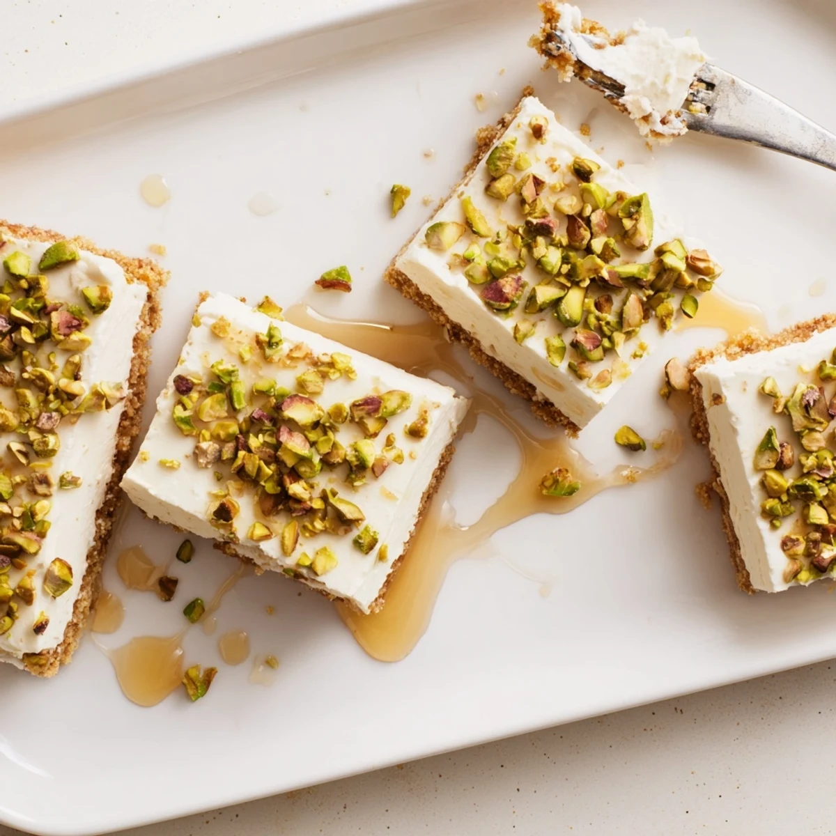 Freshly cut Greek honey pistachio cheesecake bars arranged on white plate with generous pistachio sprinkle