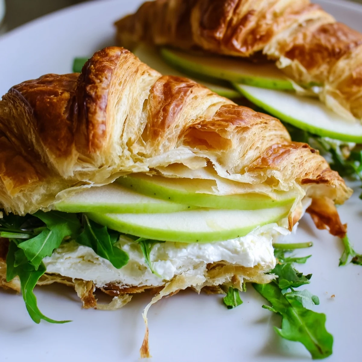 Flaky buttery croissant sandwich layered with creamy goat cheese and crisp apple slices