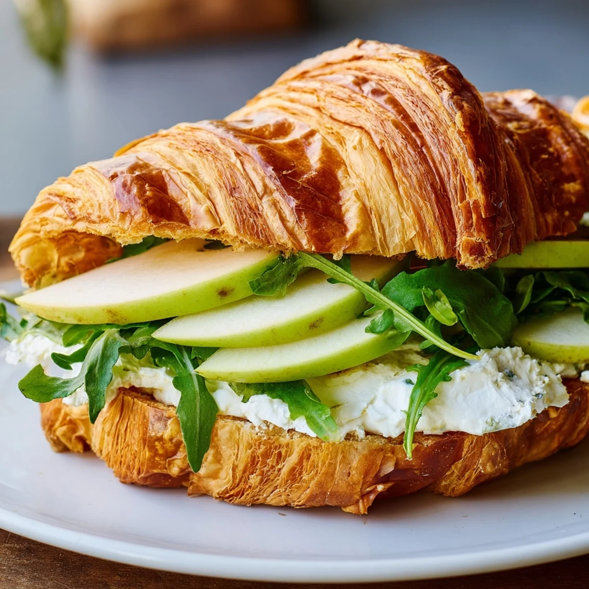 Gourmet breakfast sandwich featuring split croissant topped with tangy cheese and thinly sliced apples