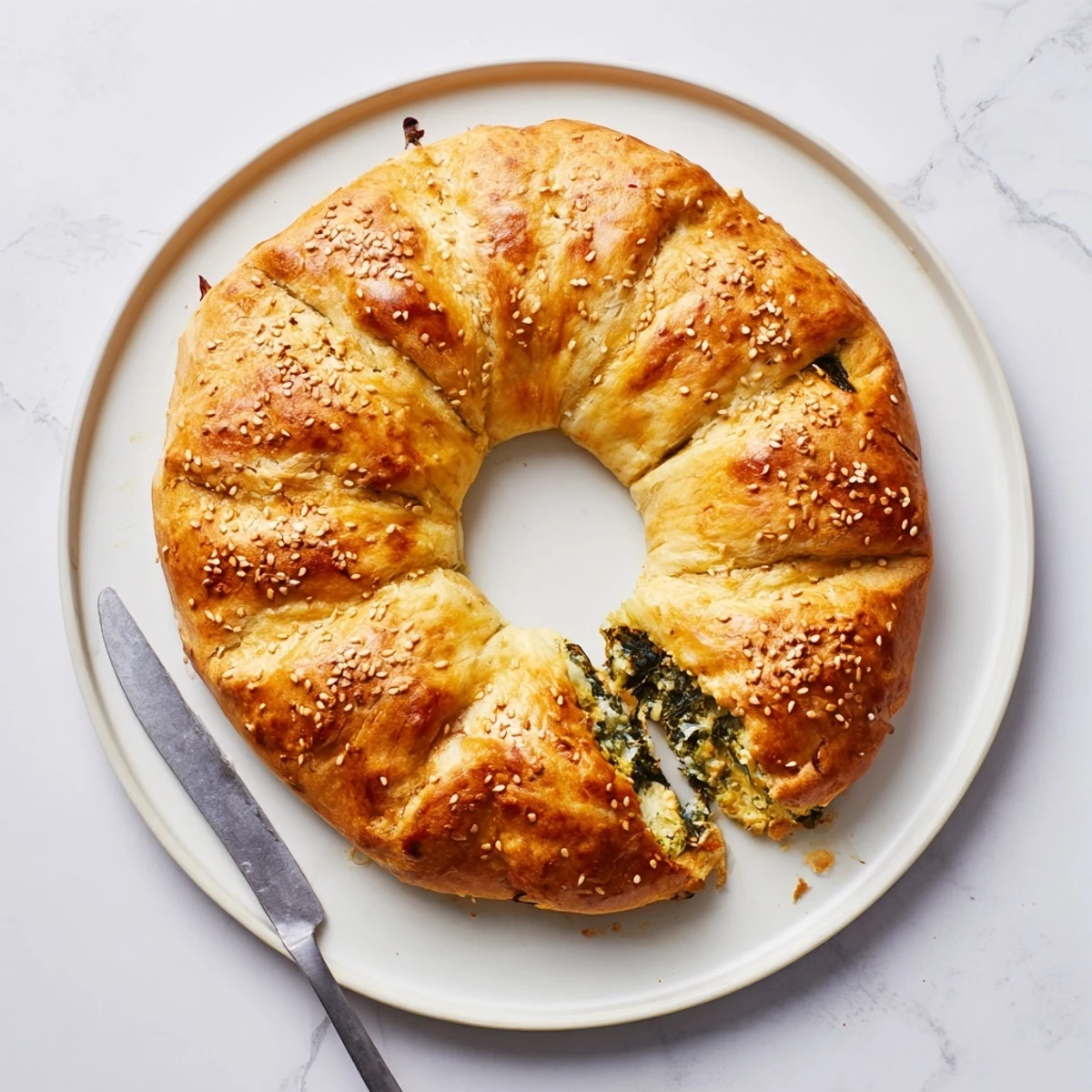 Golden baked spinach cottage cheese flagels topped with sesame seeds on a wire cooling rack