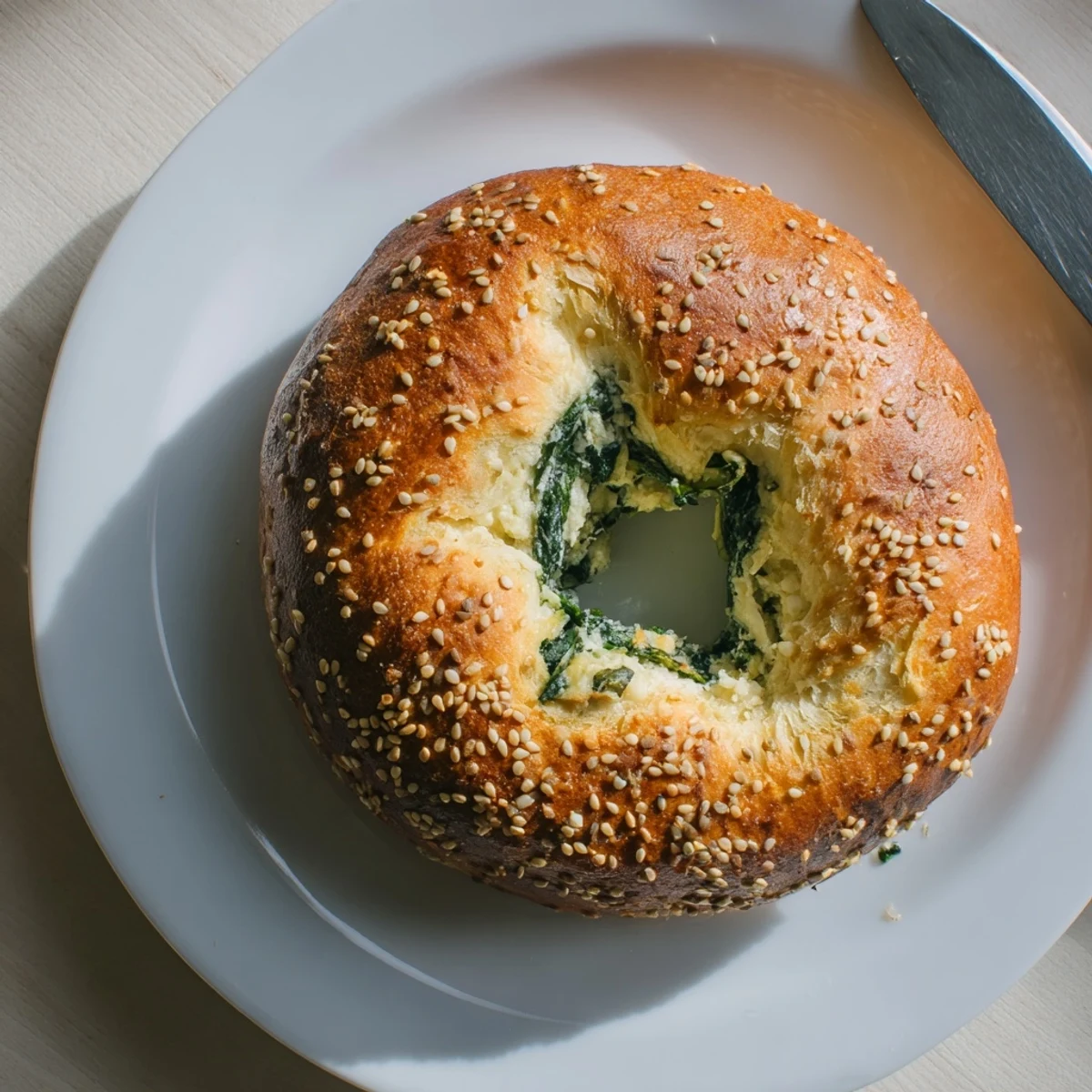 Freshly baked spinach cottage cheese flagels brushed with egg wash and sprinkled with poppy seeds