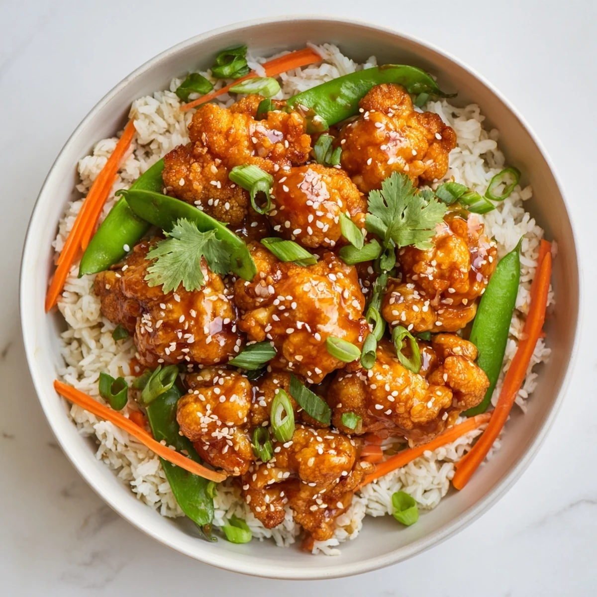 Crispy golden cauliflower florets coated in tangy General Tsos sauce over fluffy white rice