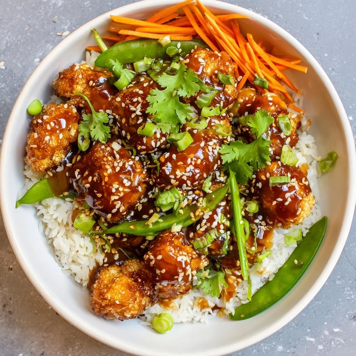 Vegan General Tsos cauliflower bowl with fresh vegetables sesame seeds and savory glaze