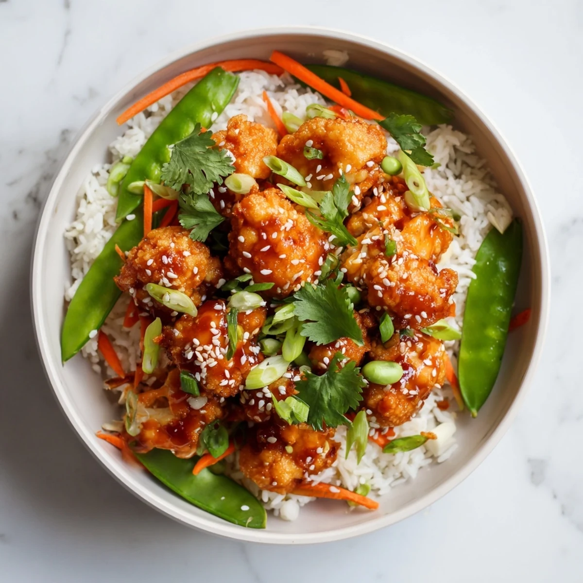 Golden roasted cauliflower in sweet spicy sauce served with carrots snow peas and rice