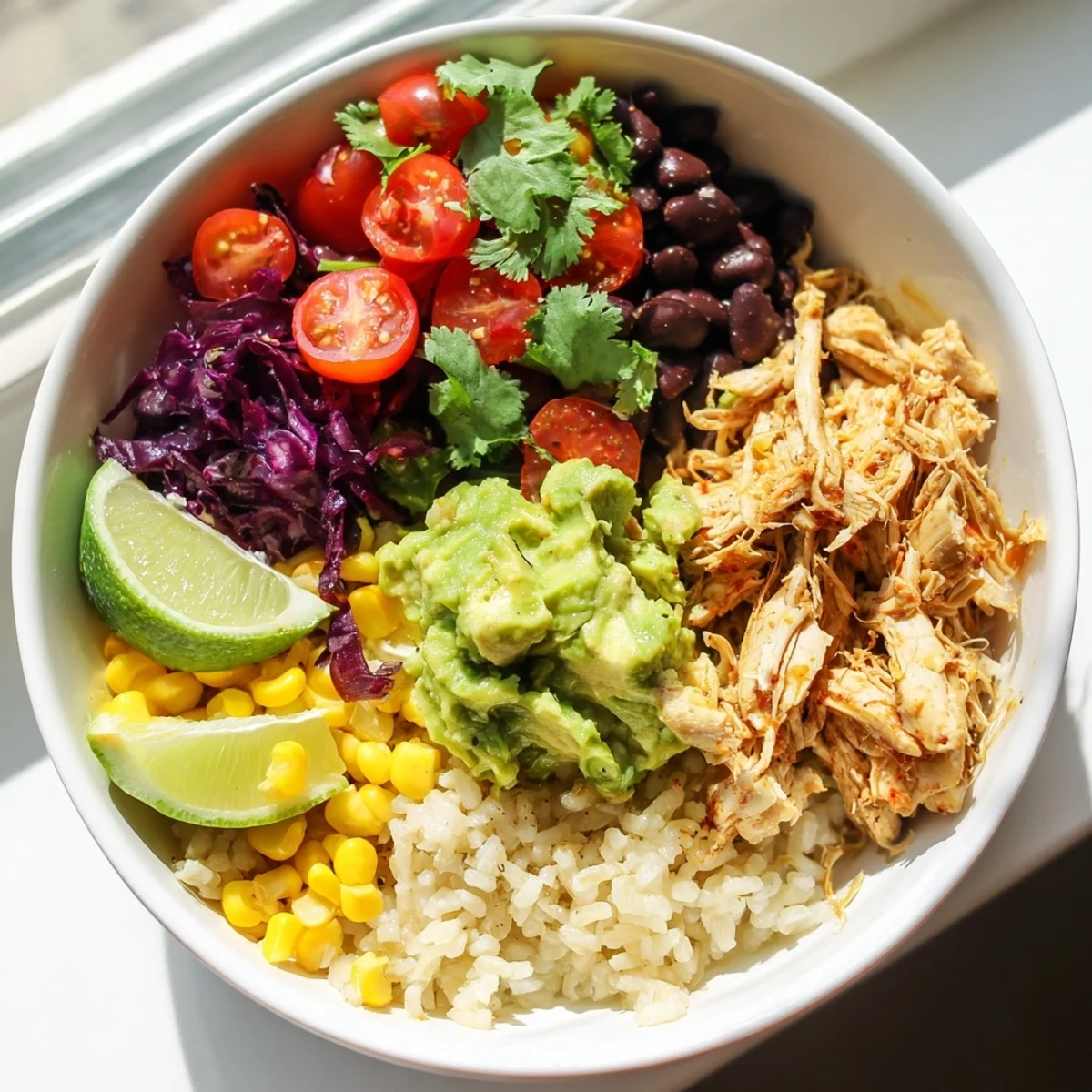 Tender spiced chicken atop fluffy rice with creamy guacamole, black beans, and crisp vegetables