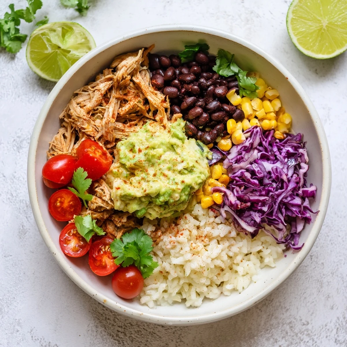 Colorful pulled chicken guacamole bowl with seasoned chicken, rice, beans, and fresh toppings