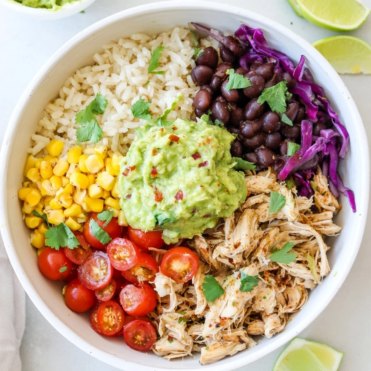 Hearty Tex-Mex pulled chicken bowl featuring ripe avocado mash, corn, tomatoes, and shredded cabbage