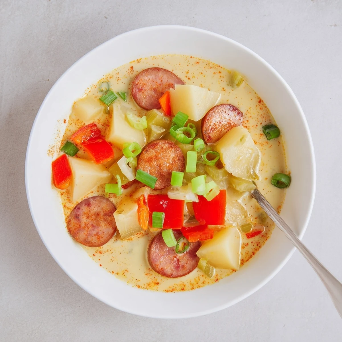 Hearty bowl of Spicy Cajun Potato Soup with chunks of tender potatoes and smoky sausage garnished with vegetables
