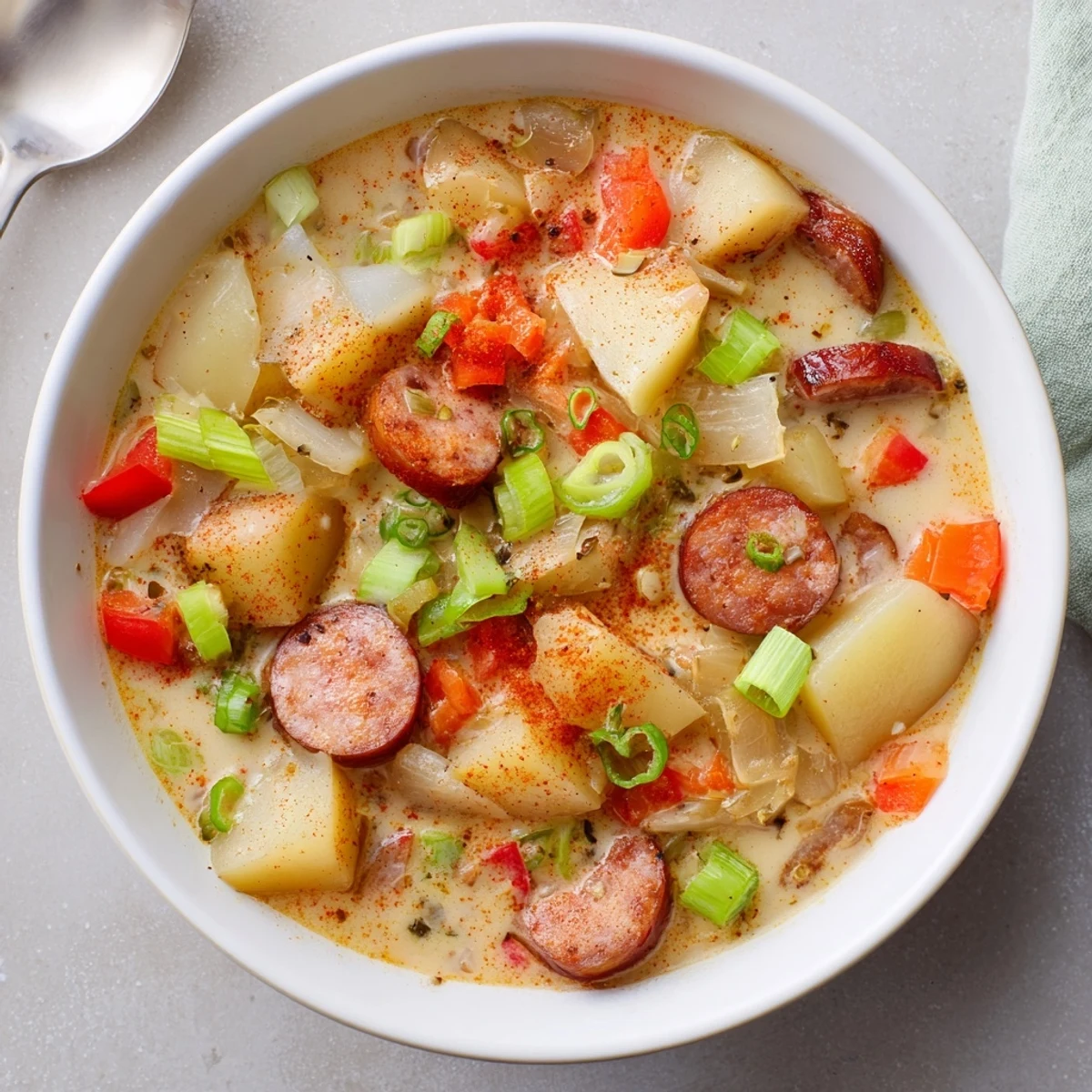 Creamy Spicy Cajun Potato Soup topped with sliced Andouille sausage and fresh green onions in a rustic bowl
