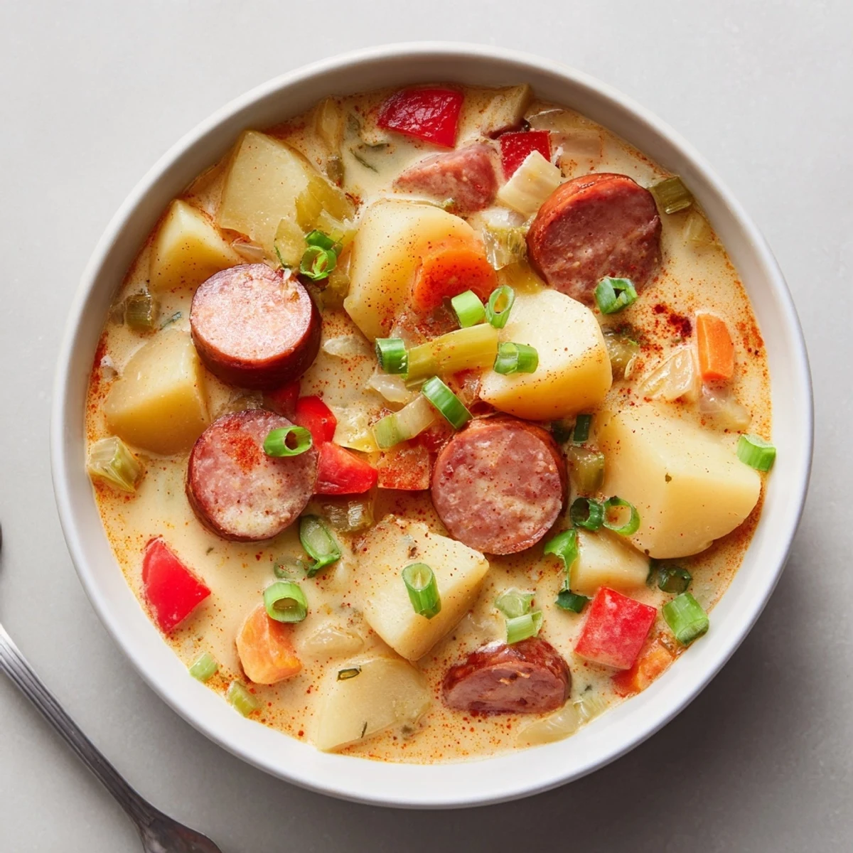 Steaming Spicy Cajun Potato Soup featuring red peppers and sausage, served in a white bowl with green onion sprinkles