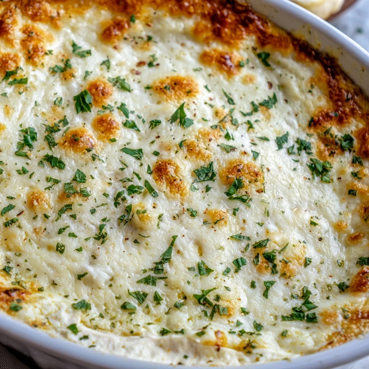 Golden bubbly cheesy garlic white pizza dip served warm with crusty bread slices