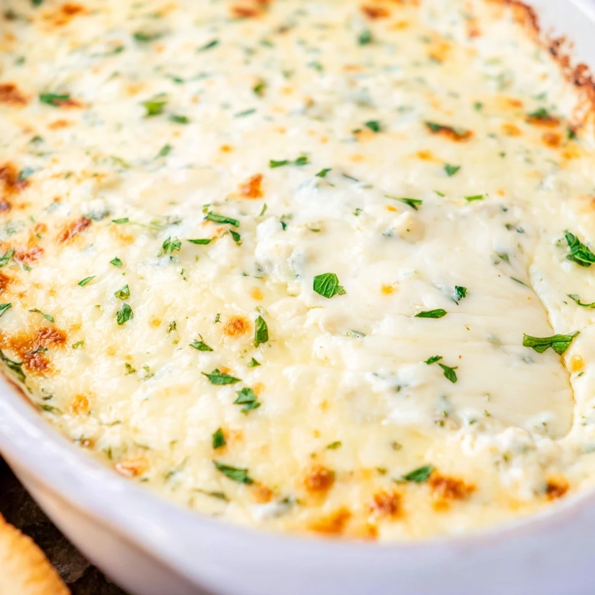 Creamy white pizza dip with melted mozzarella and roasted garlic herbs bubbling hot
