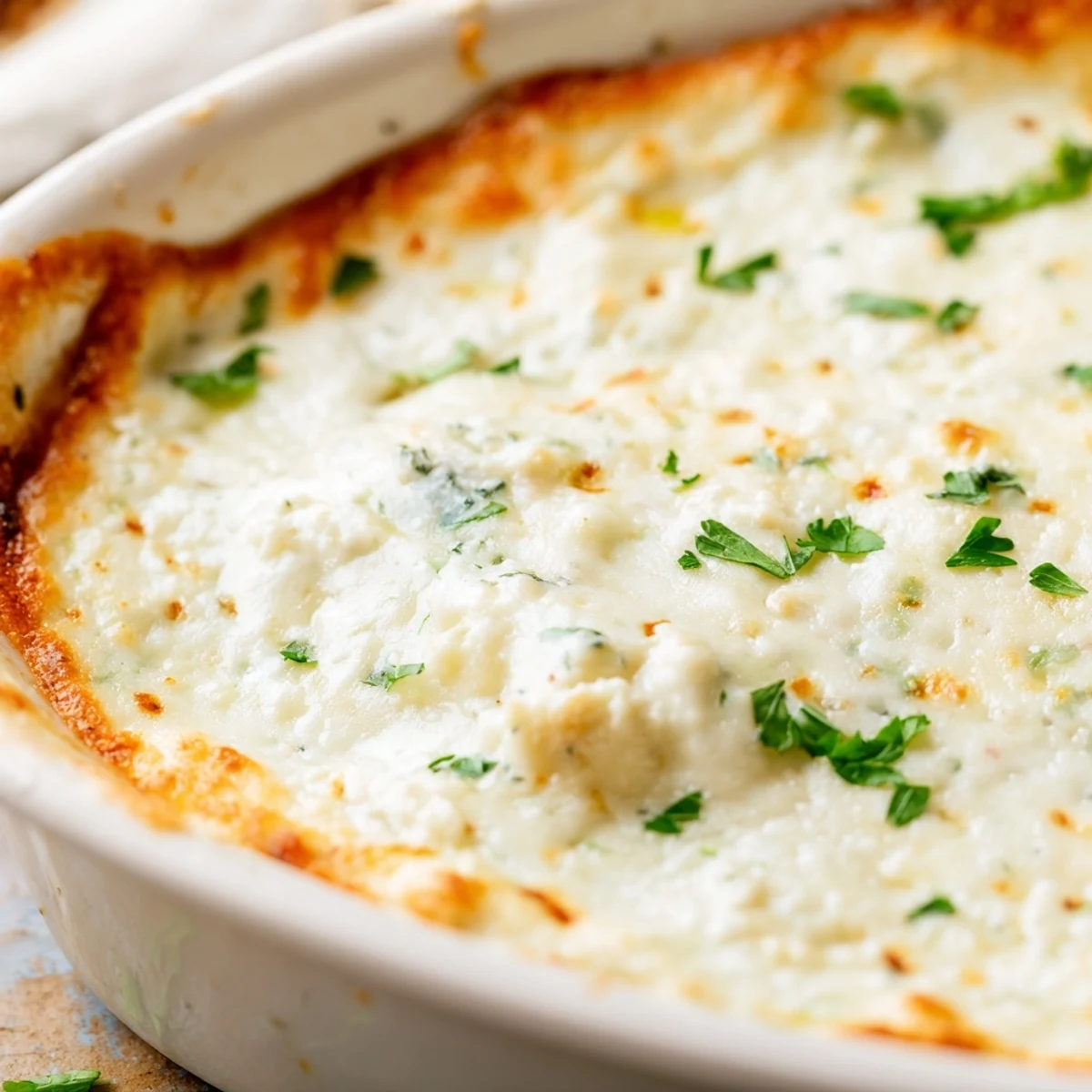Vegetarian appetizer of cheesy garlic white pizza dip garnished with parsley and crackers