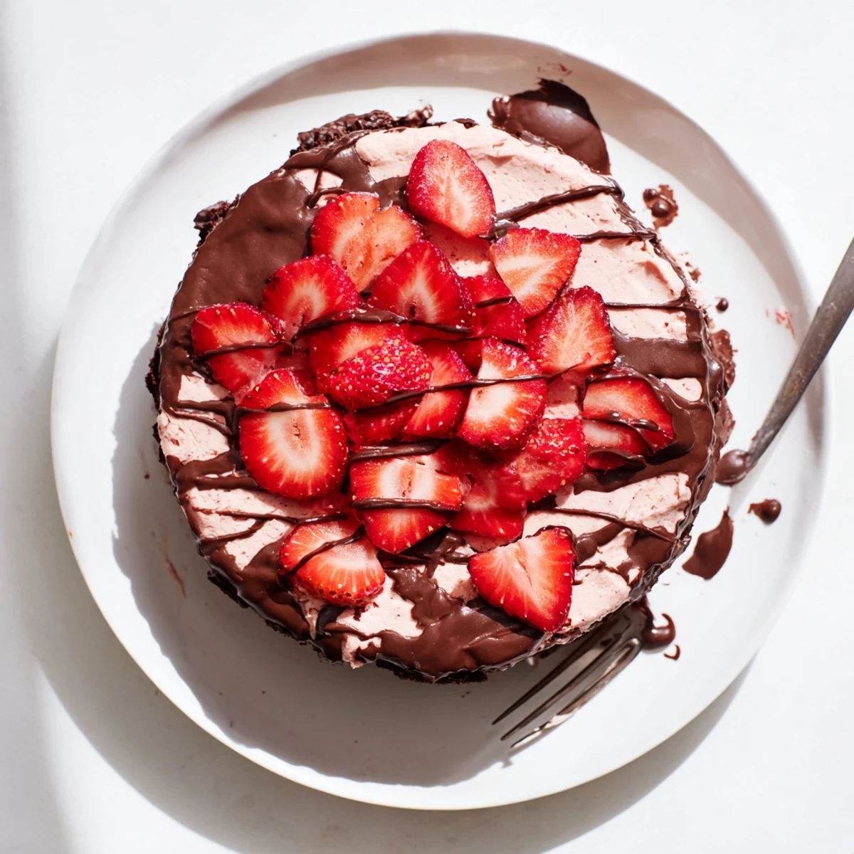 Decadent layered chocolate covered strawberry ice cream cake featuring crisp chocolate coating over creamy frozen strawberry filling