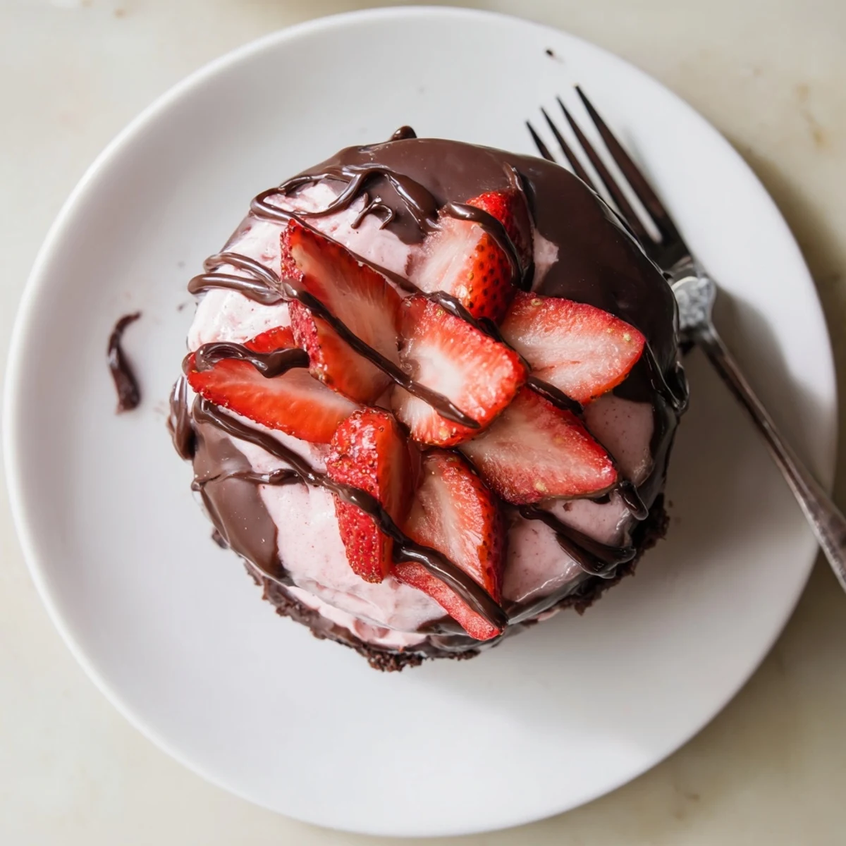Slice of chocolate covered strawberry ice cream cake revealing layers of moist chocolate sponge and pink strawberry ice cream