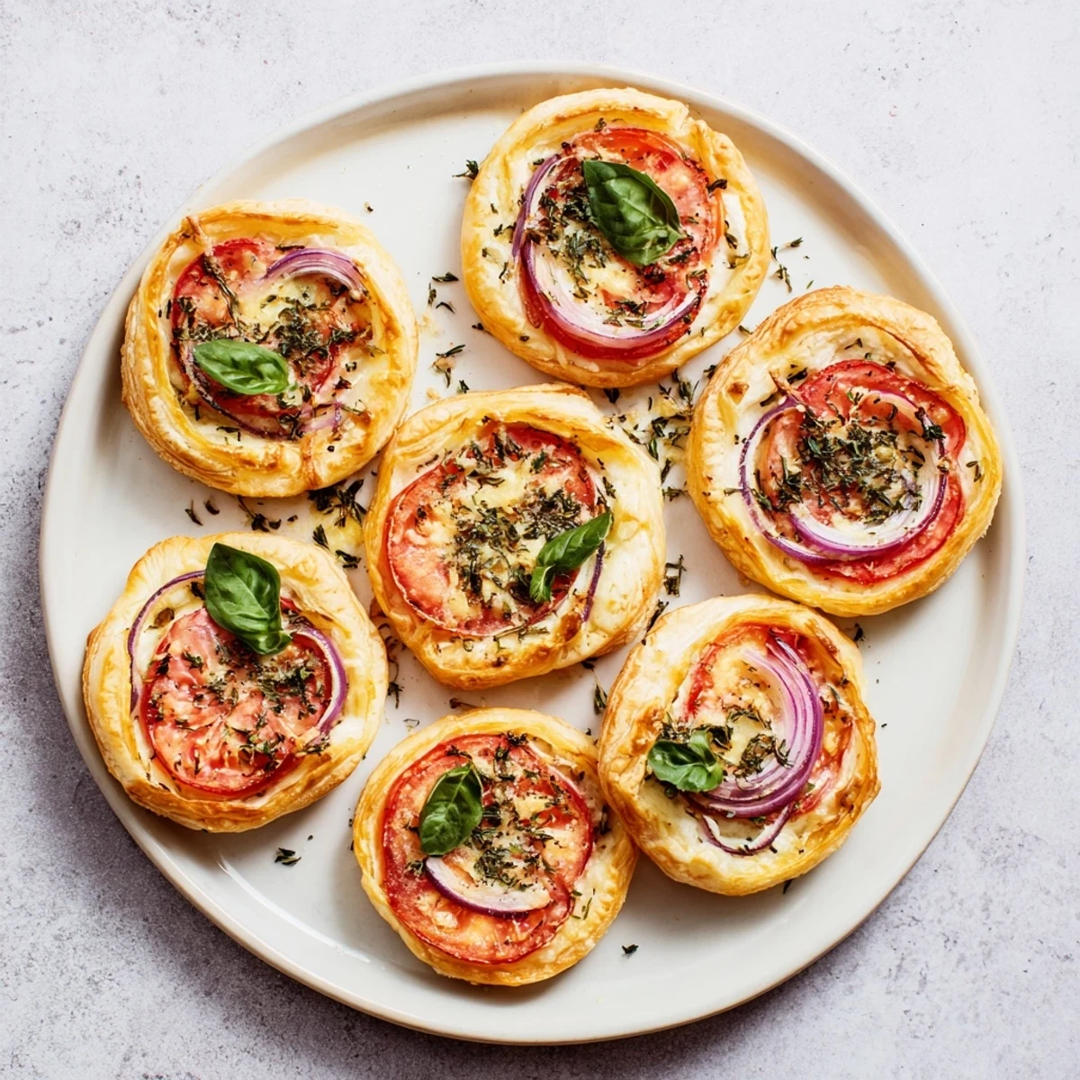 Golden tomato tartlets with puff pastry feature melted goat cheese and fresh herbs