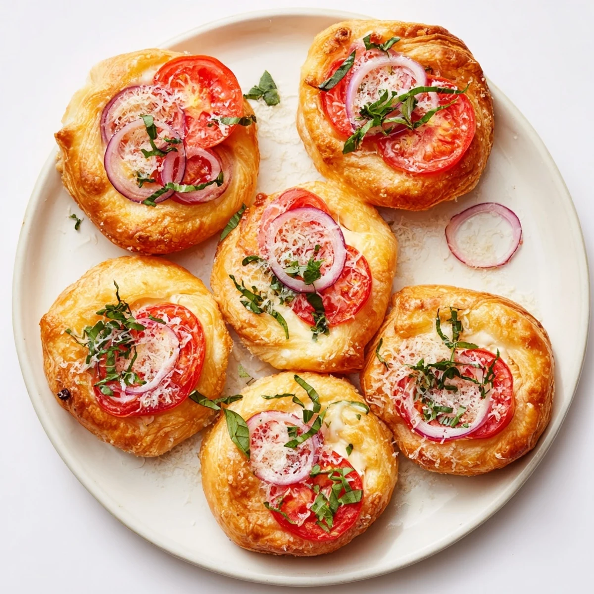 Flaky puff pastry tomato tartlets topped with ripe tomatoes and fragrant basil