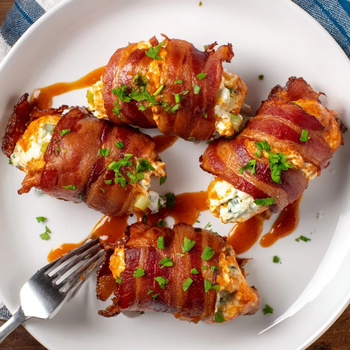 Golden Buffalo Chicken Bombs drizzled with extra sauce and garnished with fresh chives