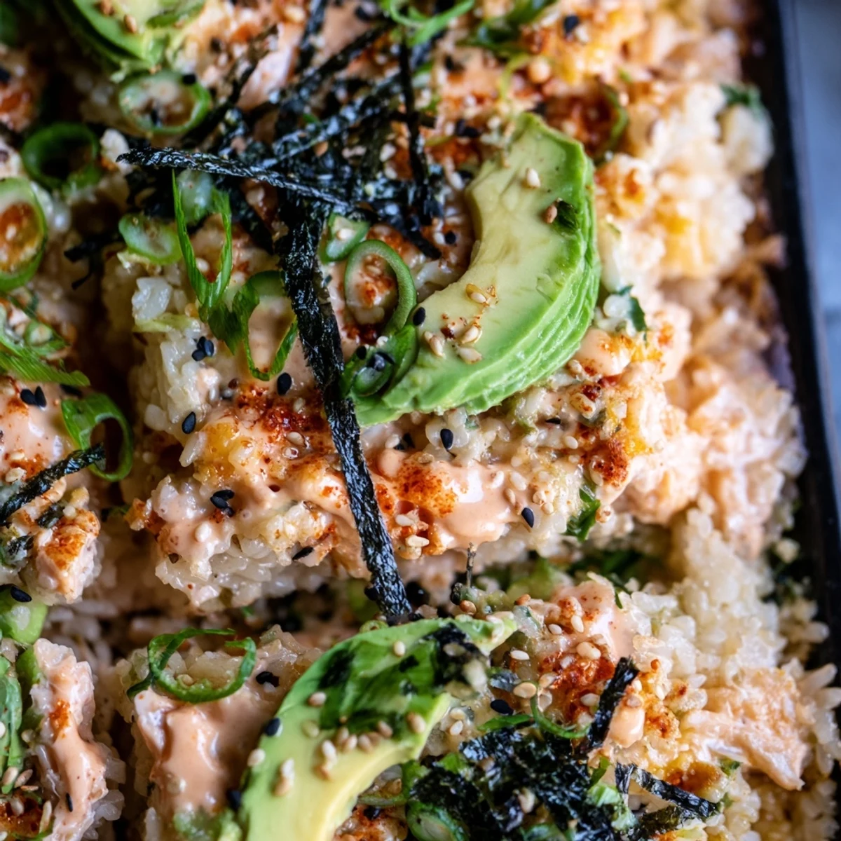 Warm deconstructed salmon sushi bake garnished with furikake and ripe avocado in a baking dish