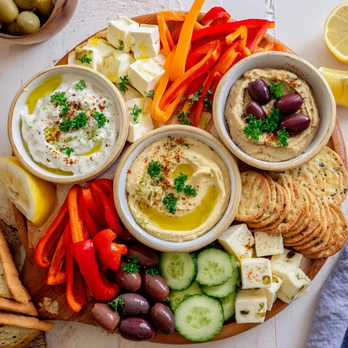 Golden Mediterranean Mezze Tapas Platter arranged with creamy hummus, fresh vegetables, and warm pita bread