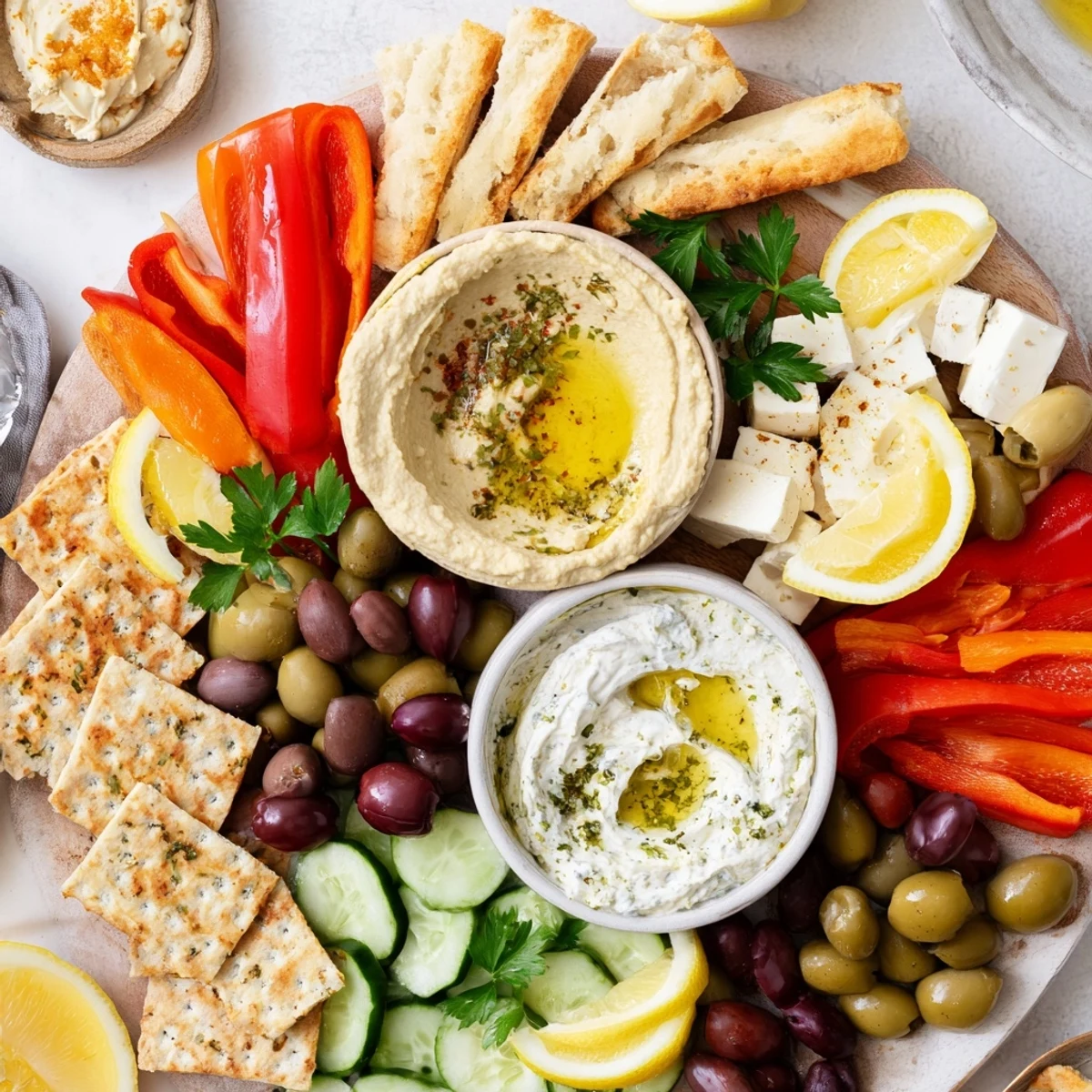 Colorful sharing board featuring Mediterranean Mezze Tapas Platter with tzatziki, olives, feta, and crisp vegetables