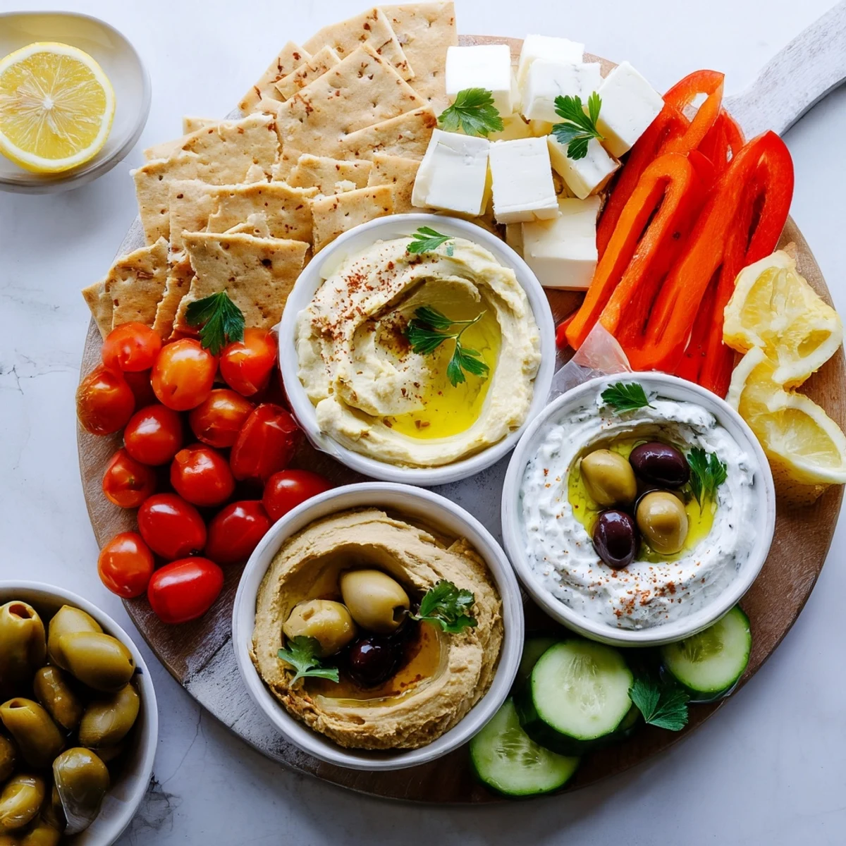 Rustic wooden platter displaying Mediterranean Mezze Tapas Platter complete with grilled halloumi and cherry tomatoes