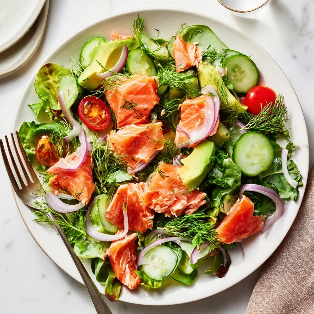 Flaked pink salmon resting over crisp mixed greens with cherry tomatoes and avocado slices