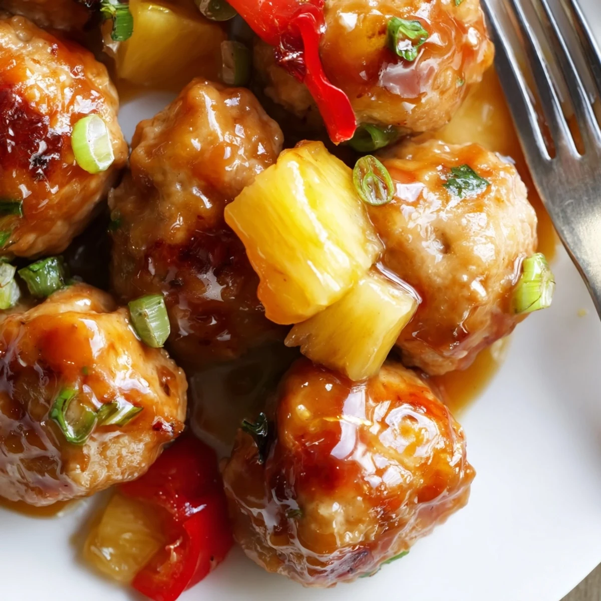 Golden pineapple chicken or turkey meatballs glazed in sweet tangy red pepper sauce