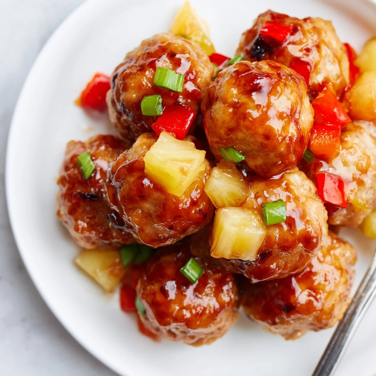 Platter of tender pineapple chicken or turkey meatballs garnished with fresh green onions