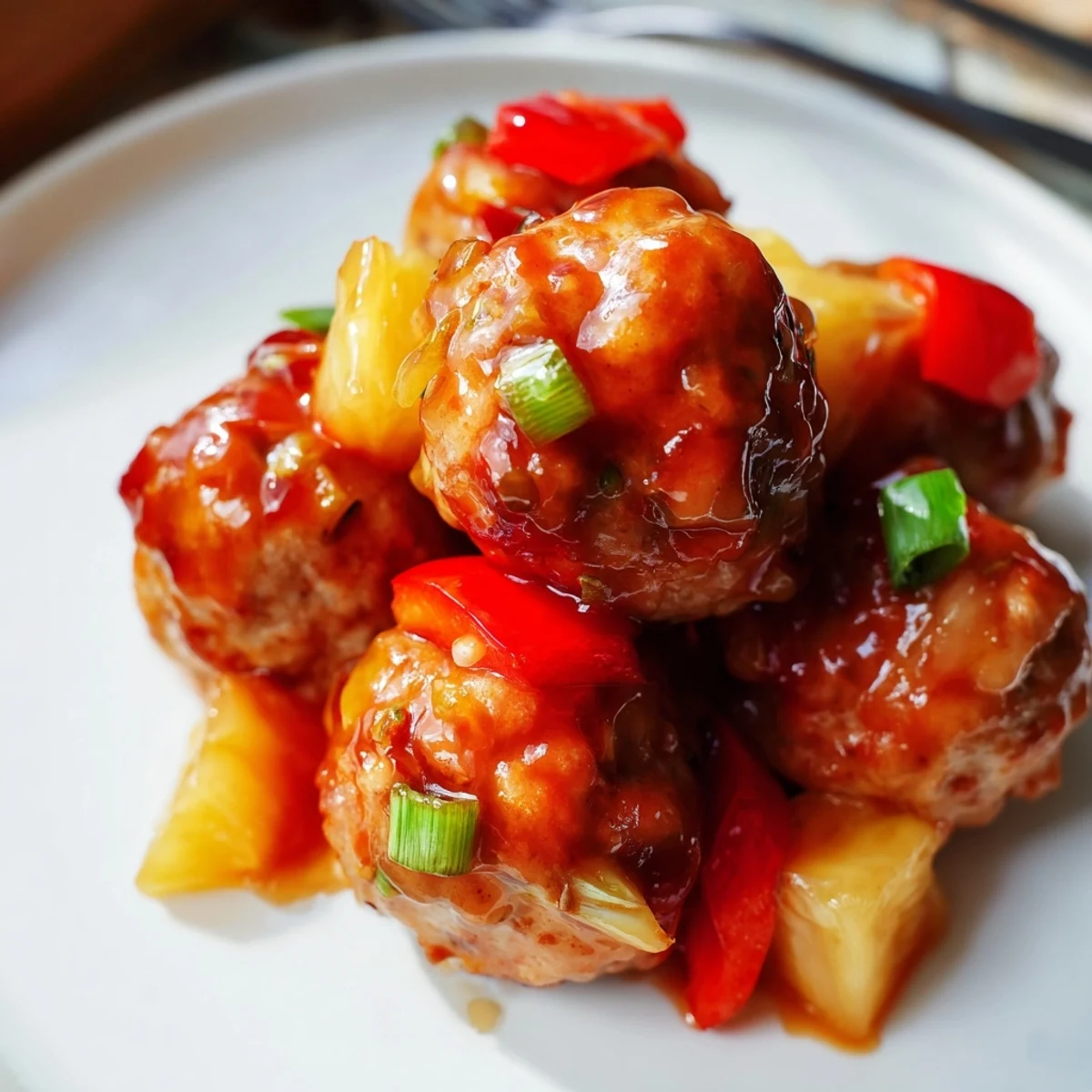 Juicy baked pineapple chicken or turkey meatballs simmered in glossy pineapple sauce