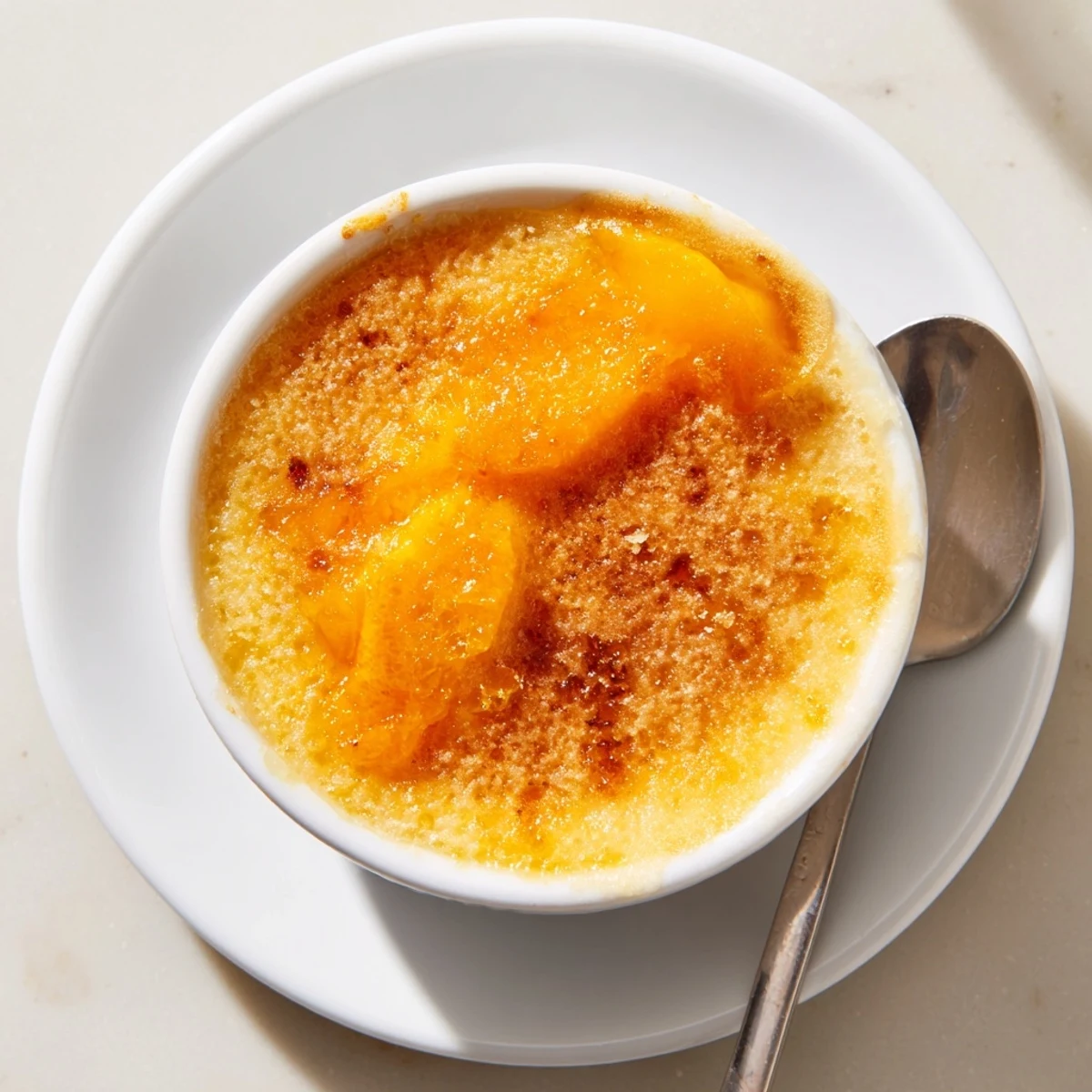 Golden caramelized sugar crust crackles atop creamy persimmon crème brûlée with vibrant orange fruit puree layer