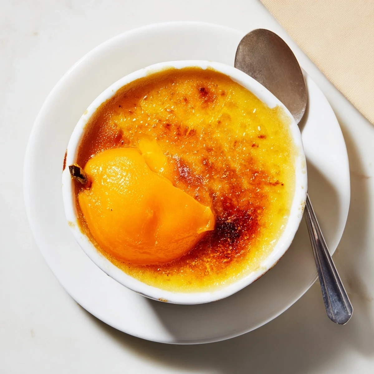 Silky French persimmon crème brûlée dessert ramekin featuring crisp burnt sugar topping and smooth custard base