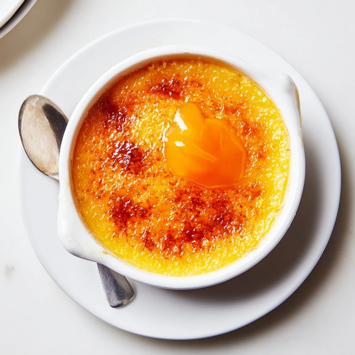 Elegant persimmon crème brûlée served in white ramekin with perfectly torched golden sugar crust and rich custard