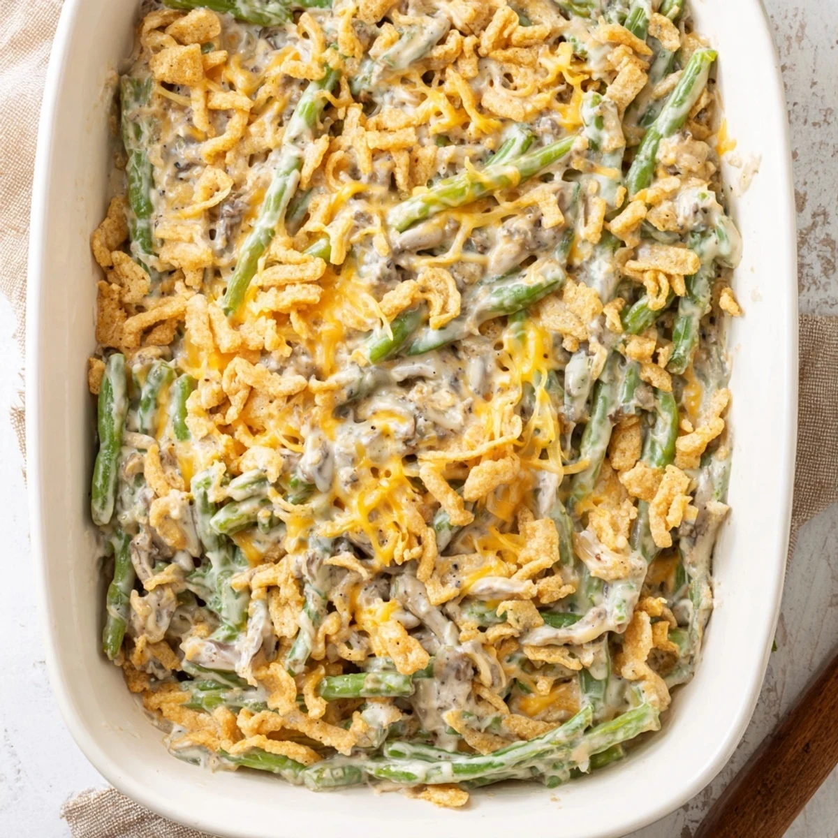 Golden green bean casserole with creamy mushroom sauce topped with buttery Ritz cracker crumbs