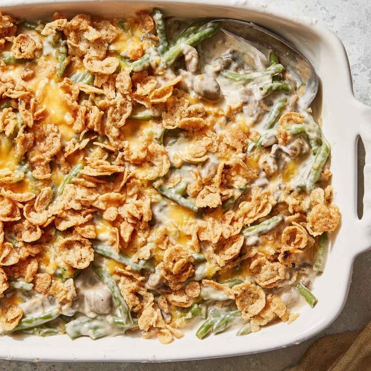 Creamy green bean casserole bubbling in a baking dish with crispy crushed Ritz topping