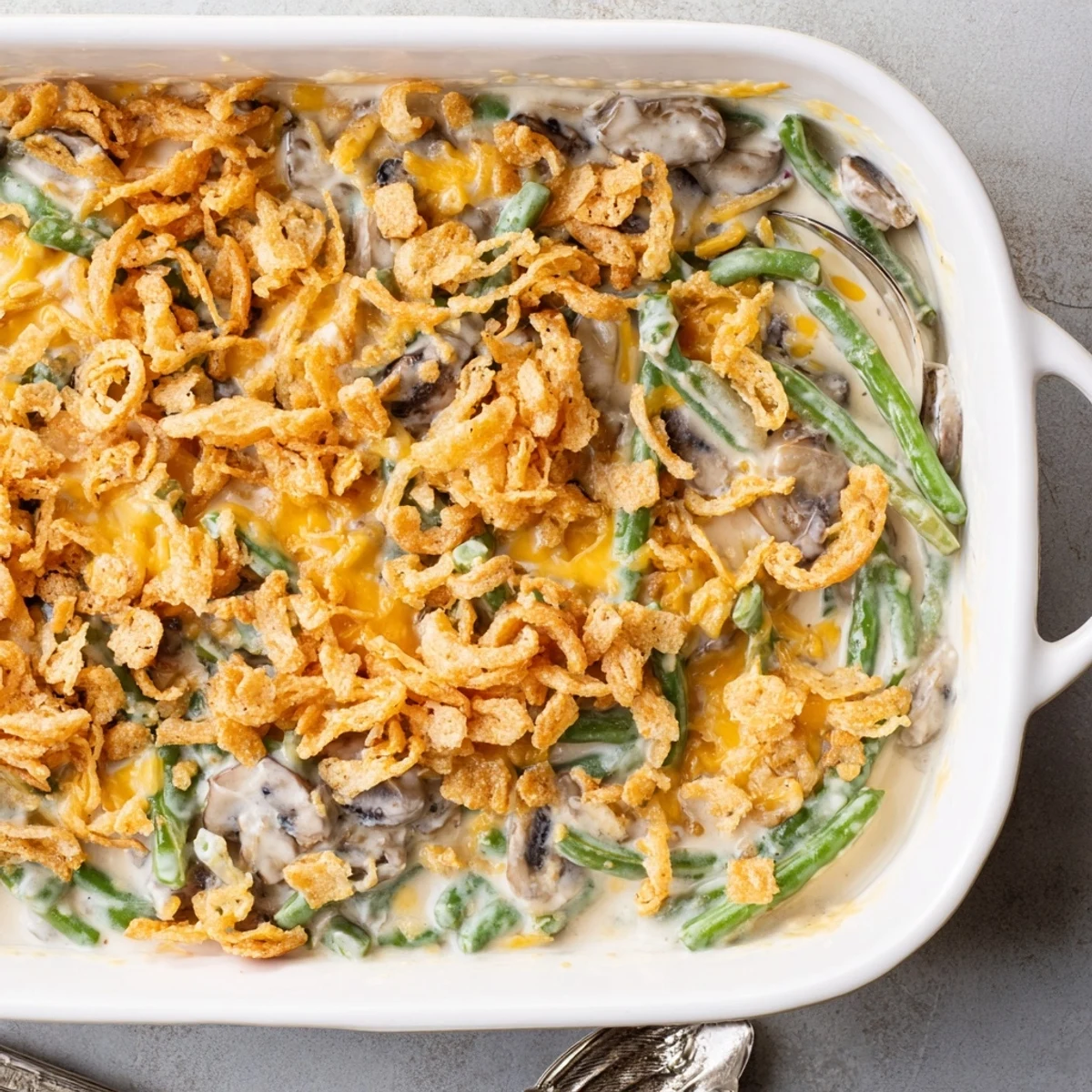 Homemade green bean casserole with tender beans in savory sauce under golden buttered crackers