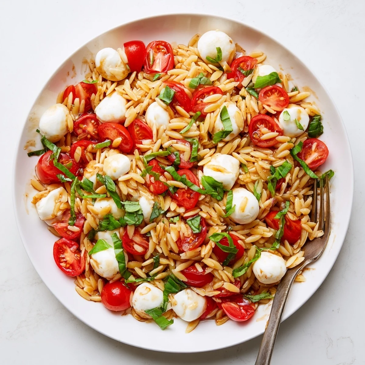 Colorful bowl of Caprese orzo pasta salad tossed with basil and tangy dressing