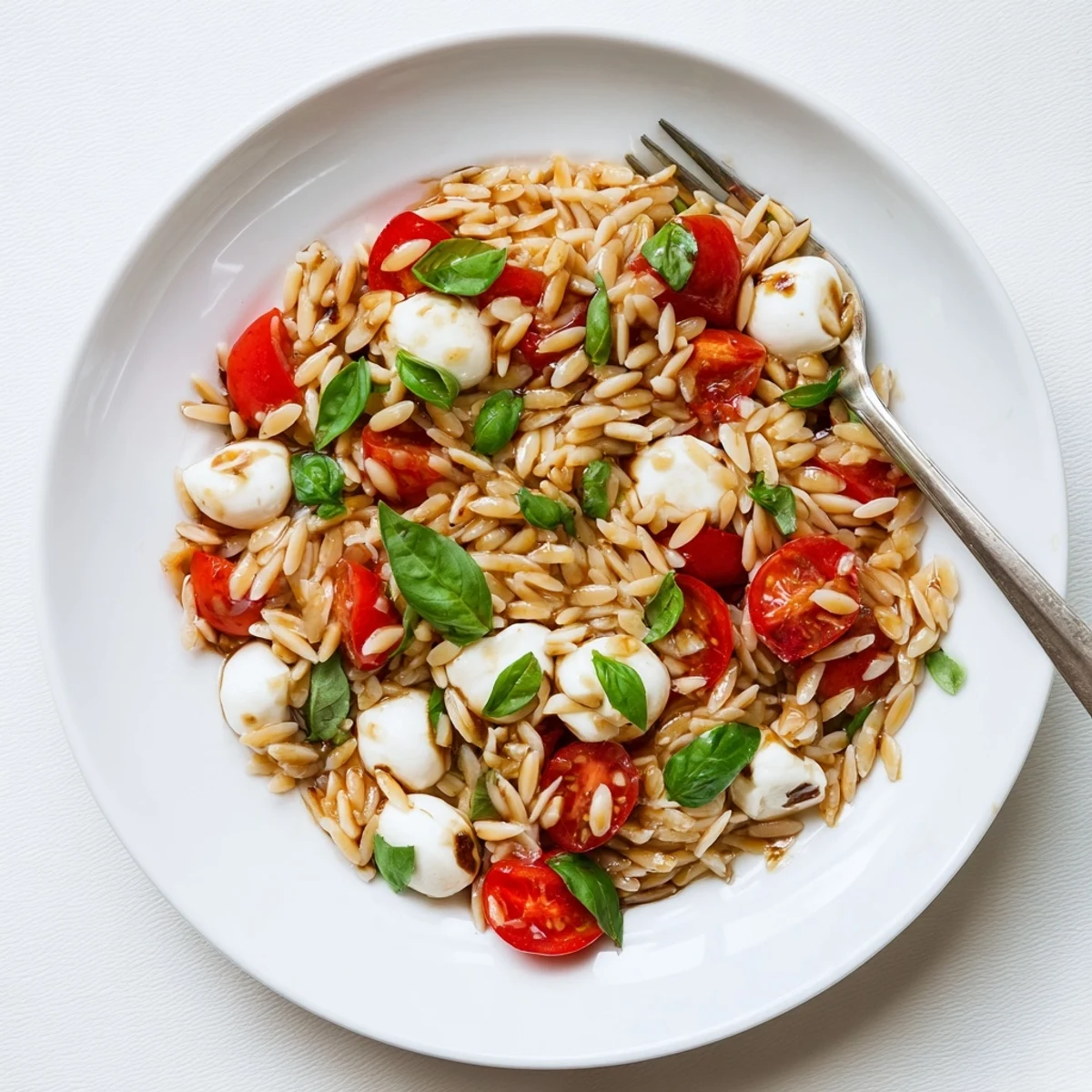 Creamy Caprese orzo pasta salad featuring tender orzo, mozzarella balls, and fresh basil