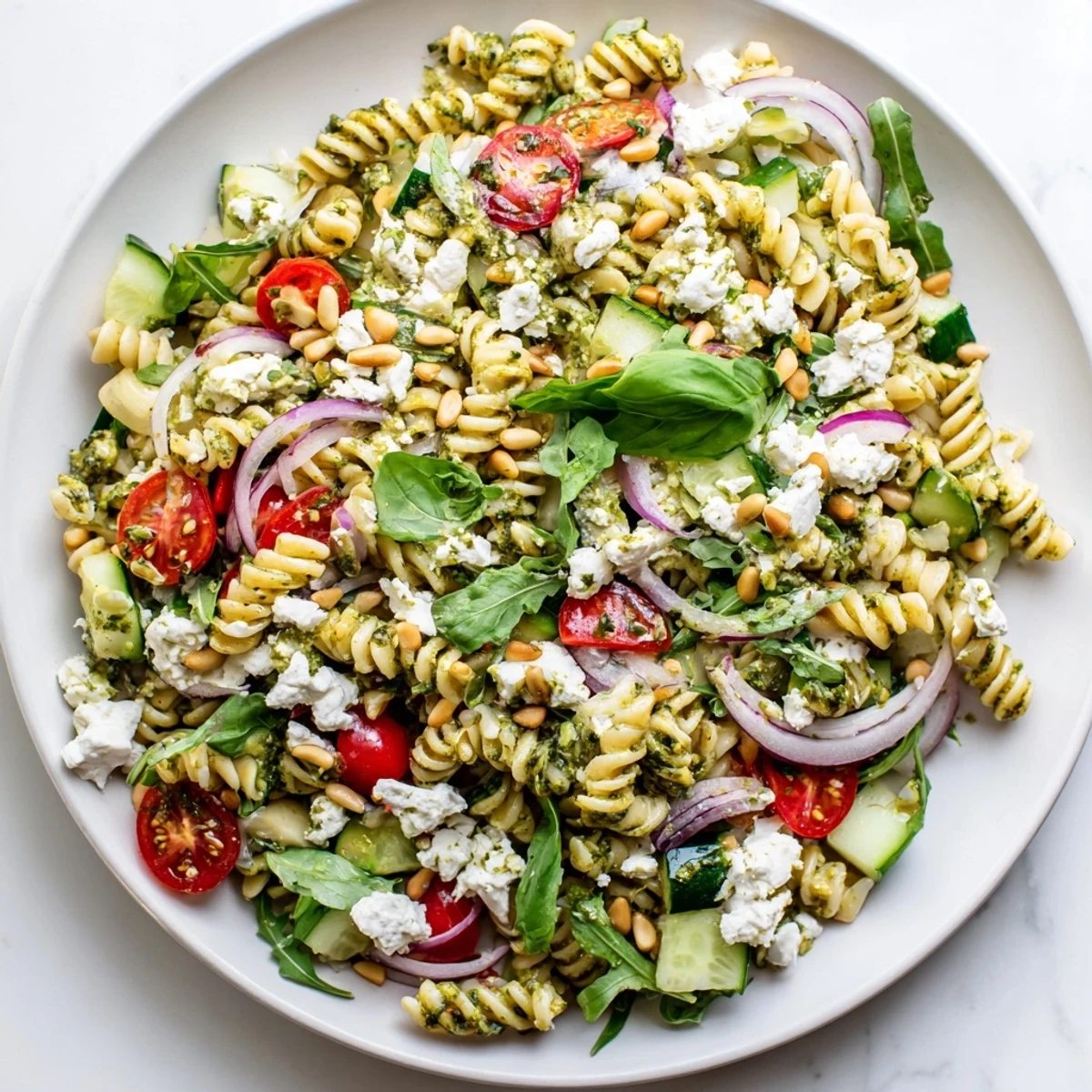Colorful summer pasta salad with baby greens, cherry tomatoes, and crisp vegetables in a white serving bowl
