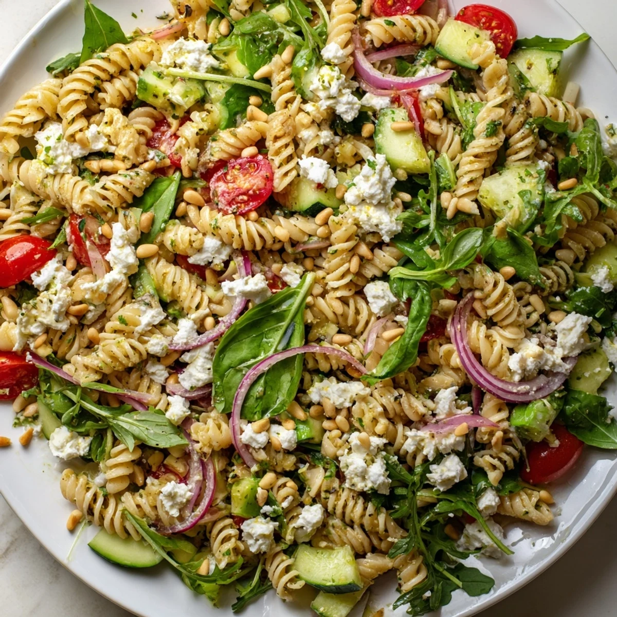 Fresh summer pasta salad featuring tender baby greens tossed with zesty lemon-herb dressing and colorful diced vegetables