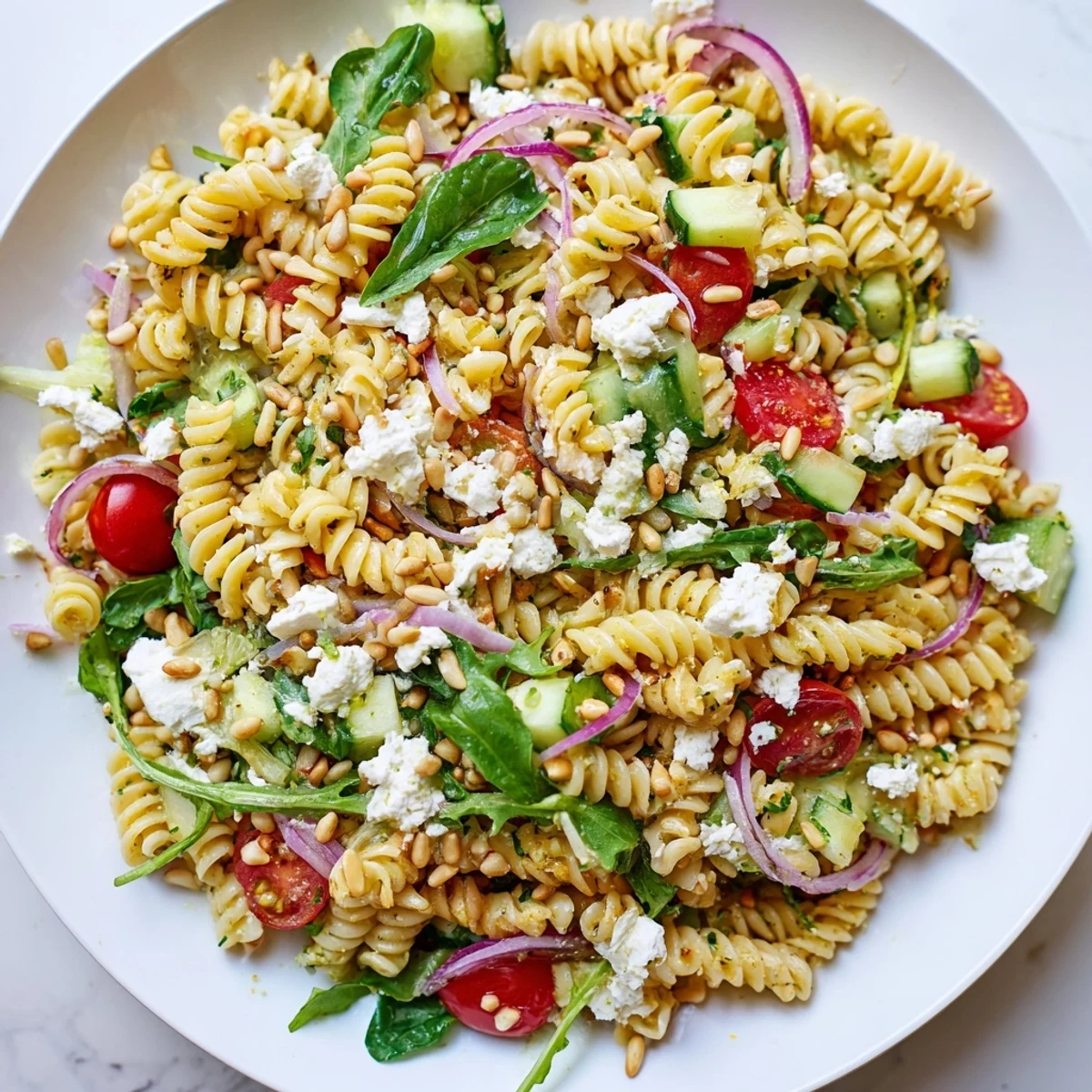 Vibrant bowl of summer pasta salad with baby greens, red bell pepper, cucumber, and optional feta cheese topping