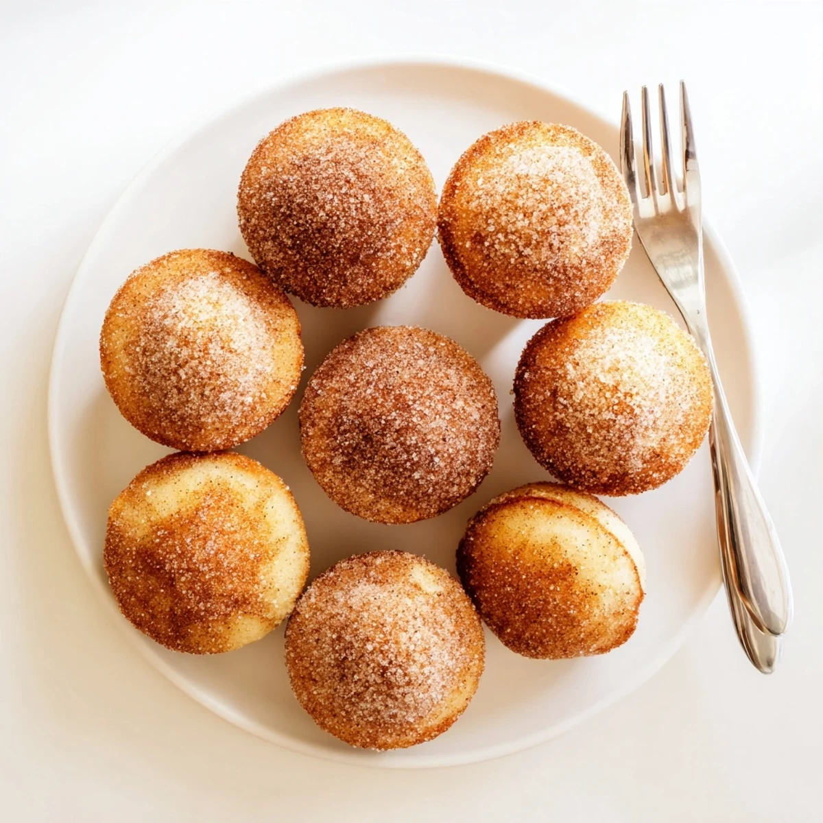 Batch of warm easy cinnamon sugar mini muffins dusted with spiced sugar topping