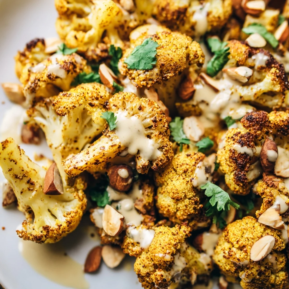 Golden roasted Moroccan cauliflower florets drizzled with creamy tahini honey sauce and fresh herbs