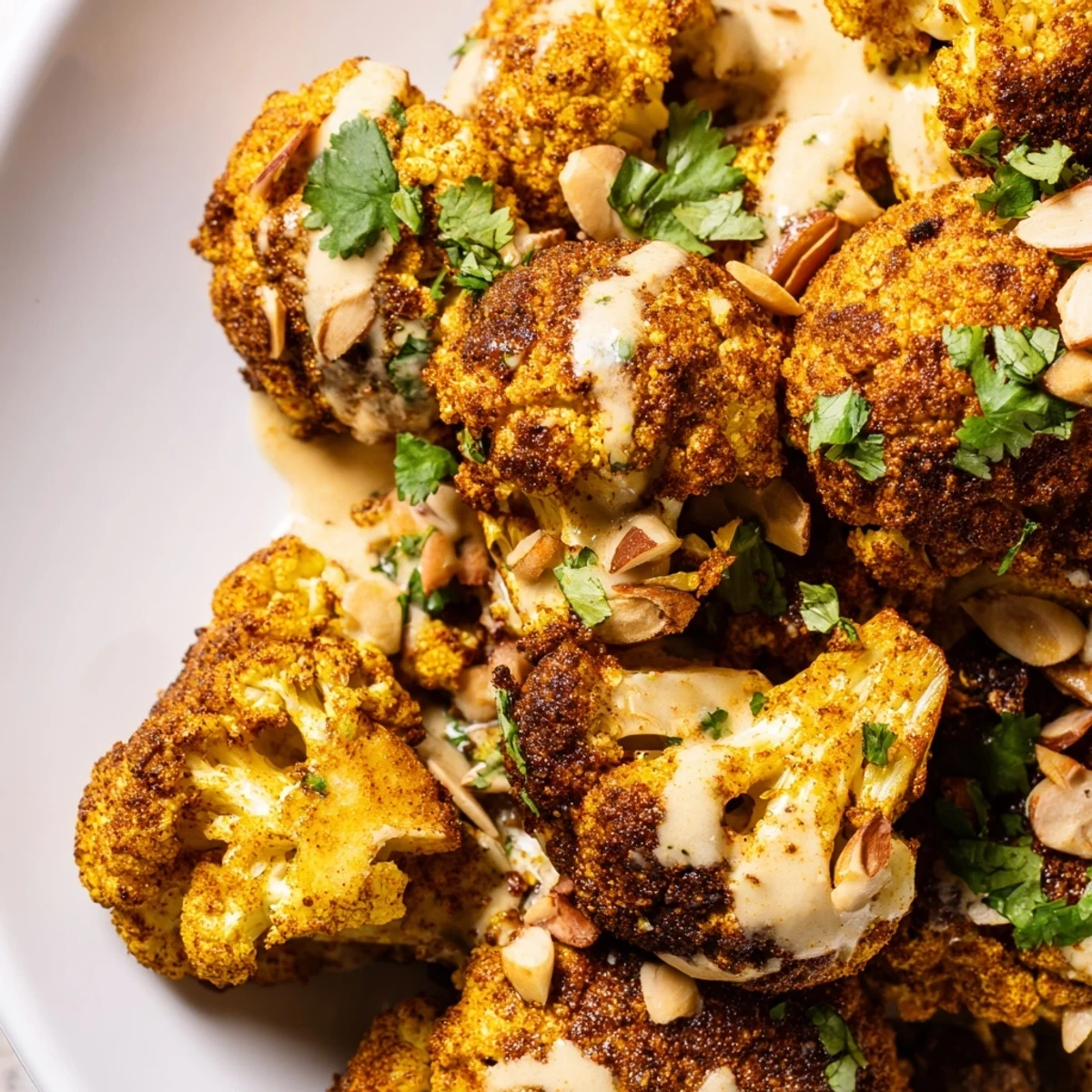 Spiced Moroccan cauliflower with tahini honey arranged on a white serving platter with toasted almonds