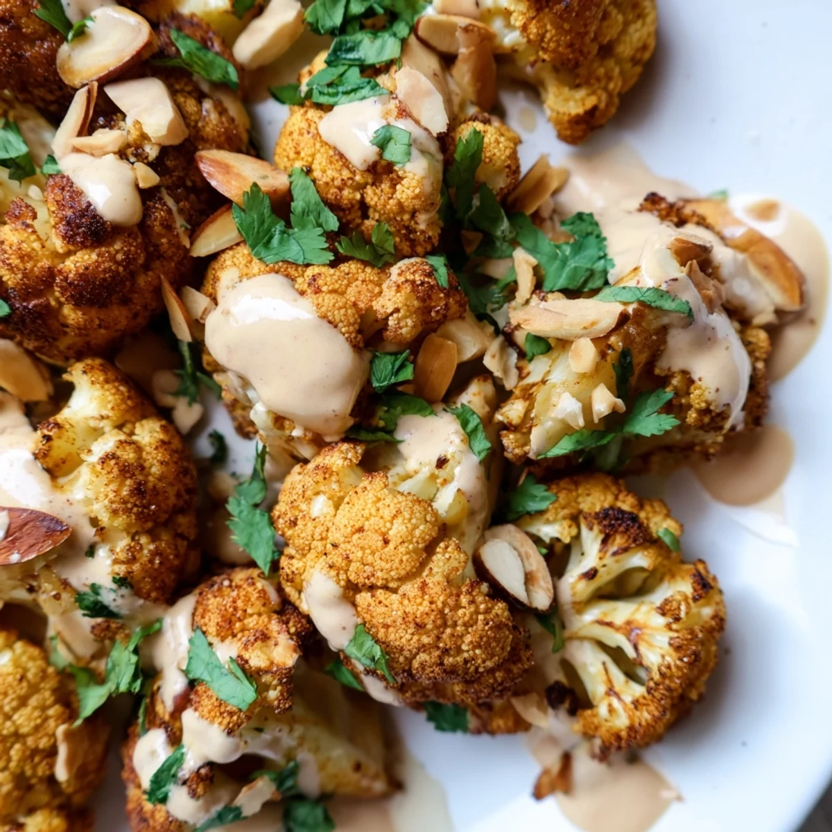 Roasted cauliflower coated in warm Moroccan spices topped with sweet tahini honey and cilantro garnish