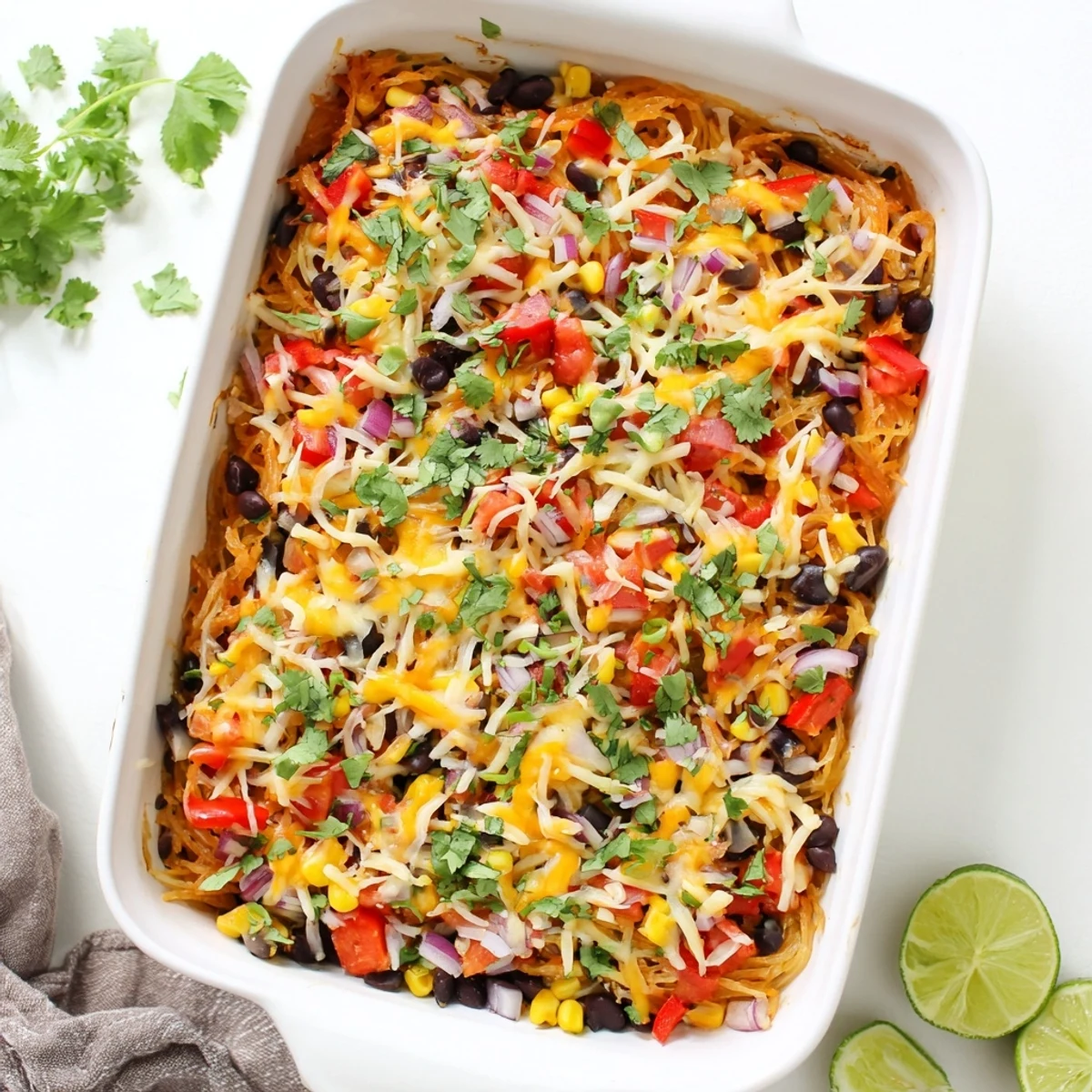 Golden bubbling Mexican spaghetti squash casserole topped with melted cheddar and fresh cilantro garnish