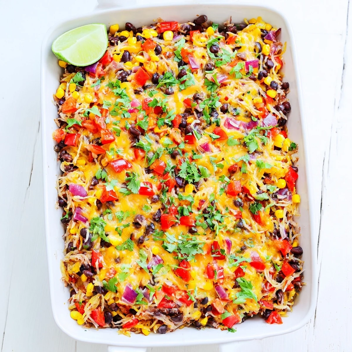 Gluten-free Mexican spaghetti squash casserole with cheesy topping served with lime wedges